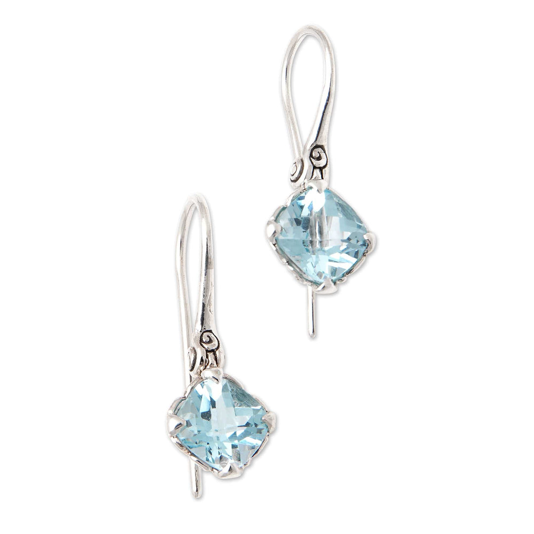 Five-Carat Antique Cushion-Shaped Blue Topaz Dangle Earrings - Celestial Marvel