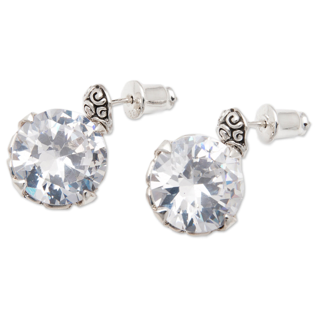 Sterling Silver Button Earrings with Cubic Zirconia - White Mystique