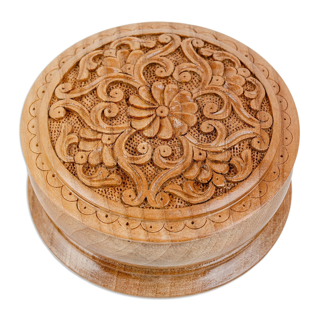 Traditional Handmade Floral Round Walnut Wood Jewelry Box - Circle of Splendor