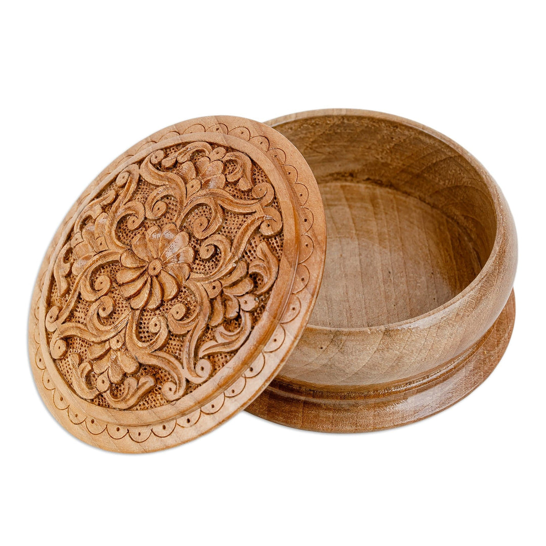 Traditional Handmade Floral Round Walnut Wood Jewelry Box - Circle of Splendor