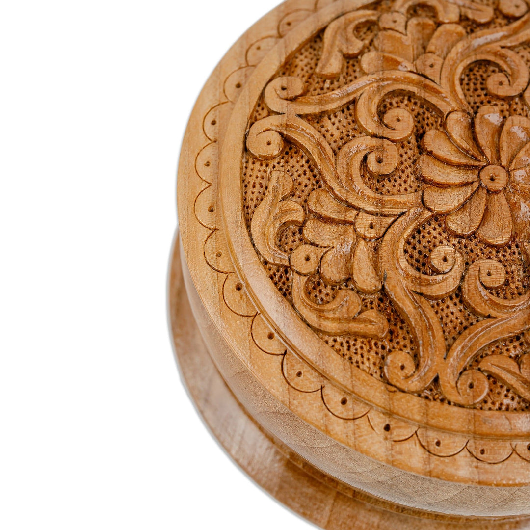 Traditional Handmade Floral Round Walnut Wood Jewelry Box - Circle of Splendor