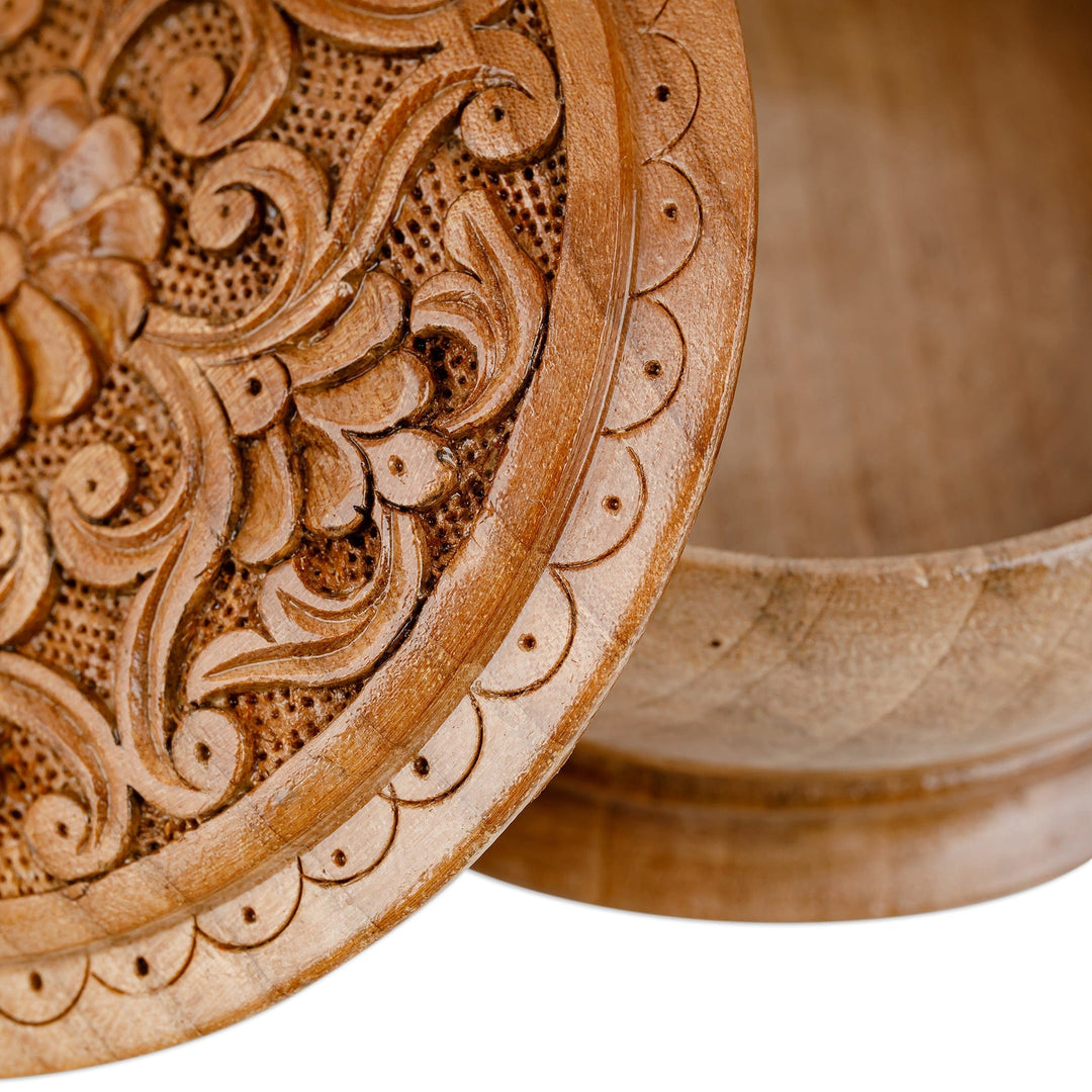 Traditional Handmade Floral Round Walnut Wood Jewelry Box - Circle of Splendor