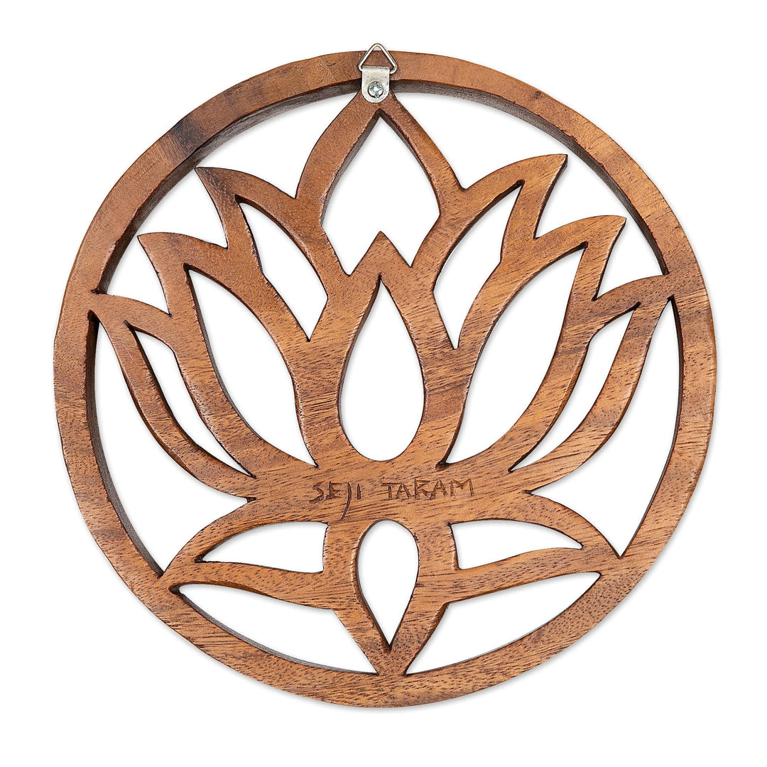 Lotus-Themed Round Suar Wood Relief Panel from Bali - One Lotus