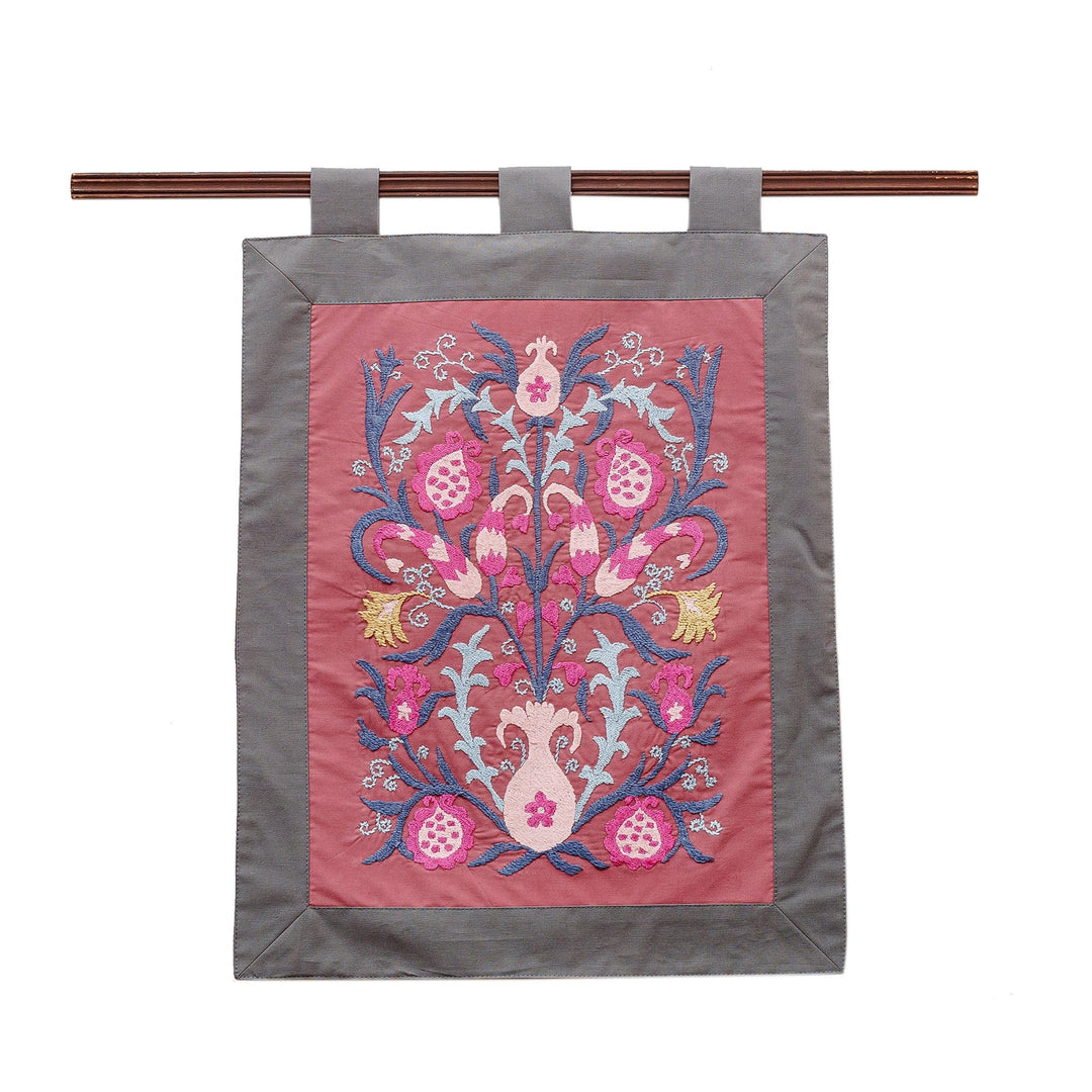 Embroidered Floral Cotton Wall Hanging in Pink and Blue - Suzani Sweetness