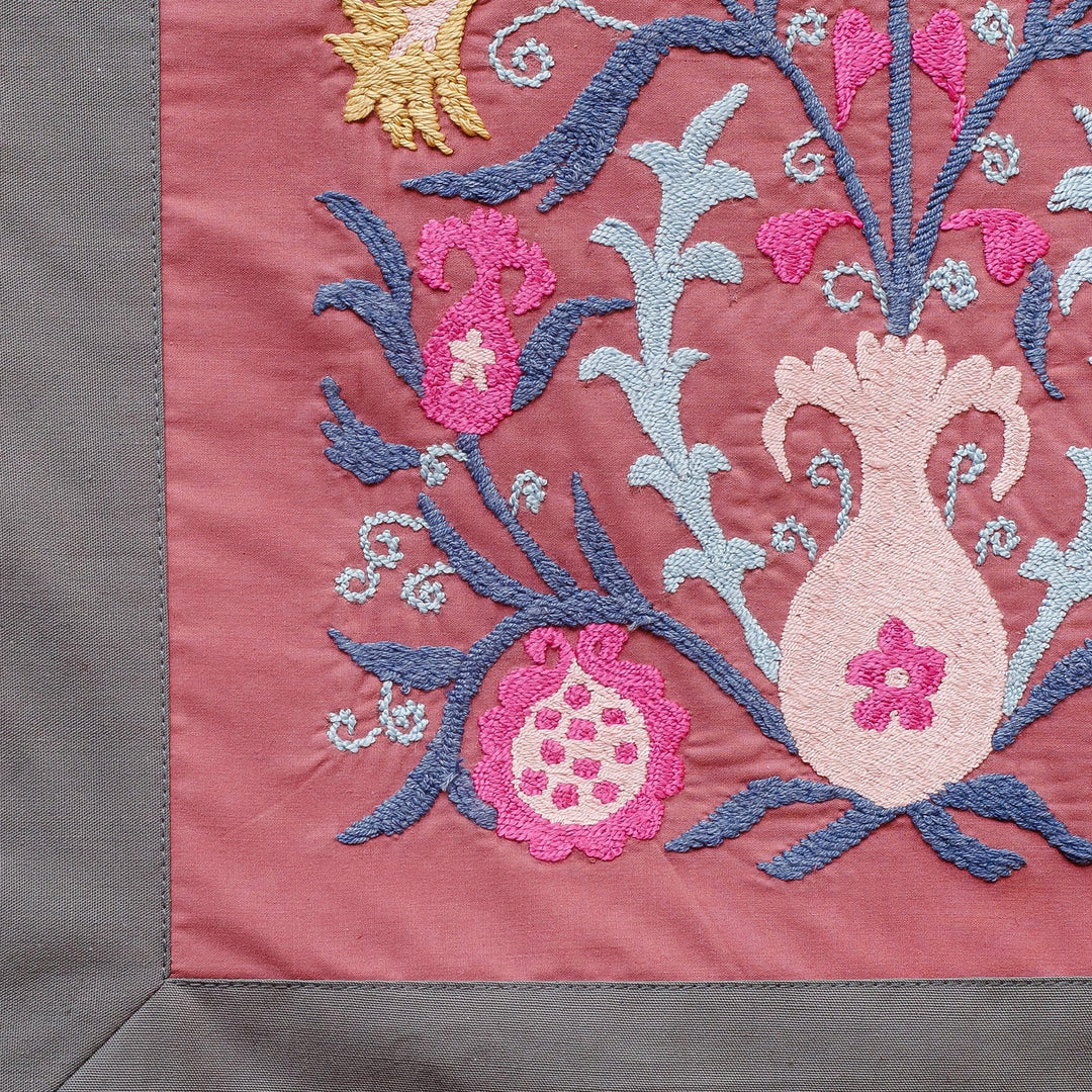 Embroidered Floral Cotton Wall Hanging in Pink and Blue - Suzani Sweetness