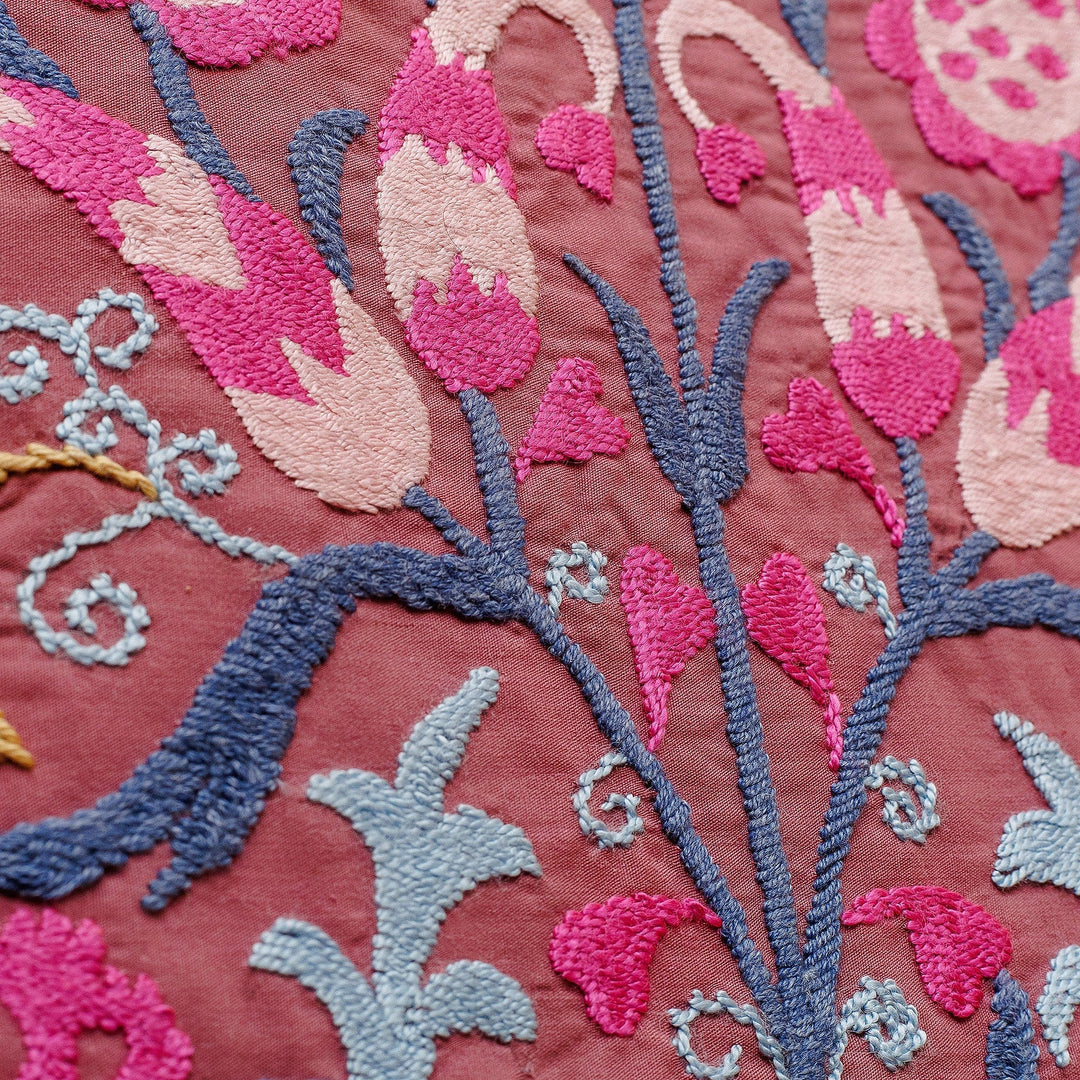 Embroidered Floral Cotton Wall Hanging in Pink and Blue - Suzani Sweetness