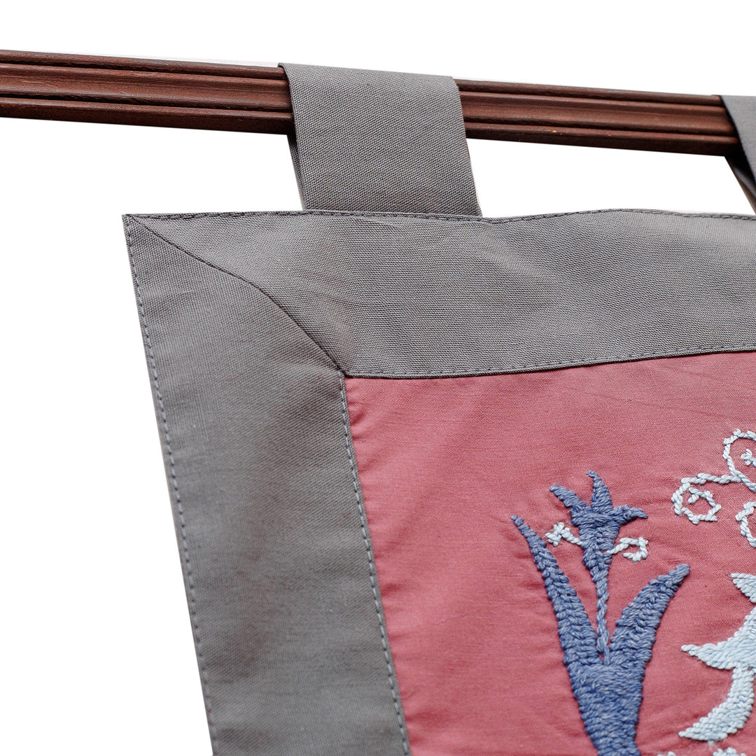 Embroidered Floral Cotton Wall Hanging in Pink and Blue - Suzani Sweetness