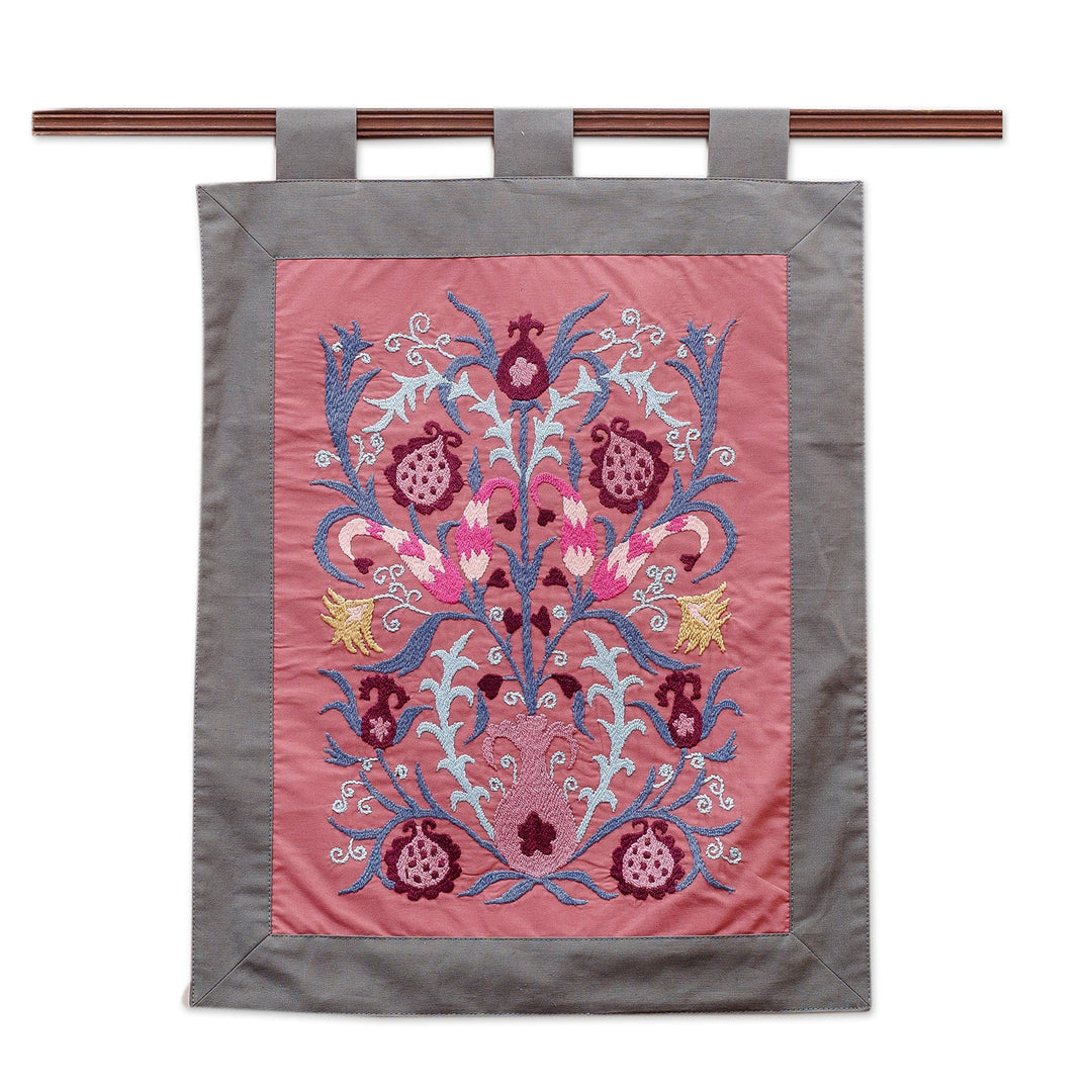 Embroidered Floral Cotton Wall Hanging in Pink and Burgundy - Suzani Elegance