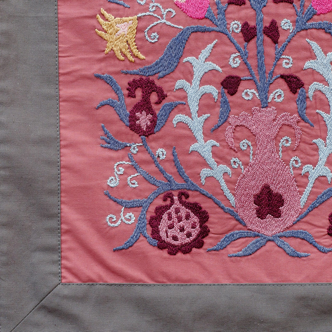 Embroidered Floral Cotton Wall Hanging in Pink and Burgundy - Suzani Elegance