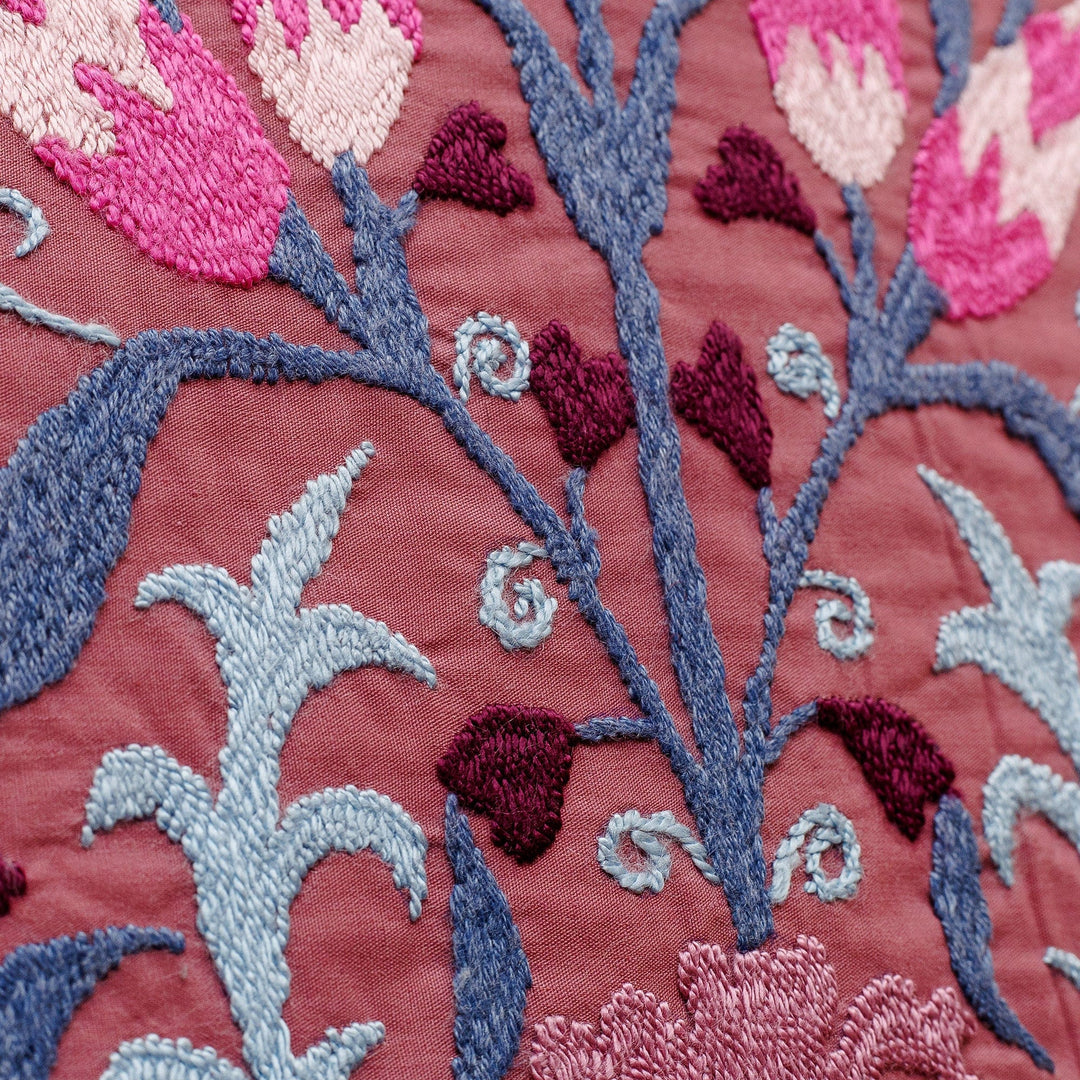 Embroidered Floral Cotton Wall Hanging in Pink and Burgundy - Suzani Elegance