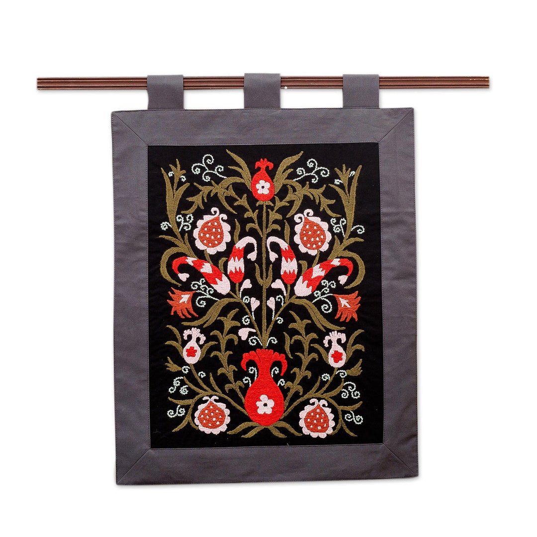 Embroidered Floral Cotton Wall Hanging in Black and Green - Suzani Night