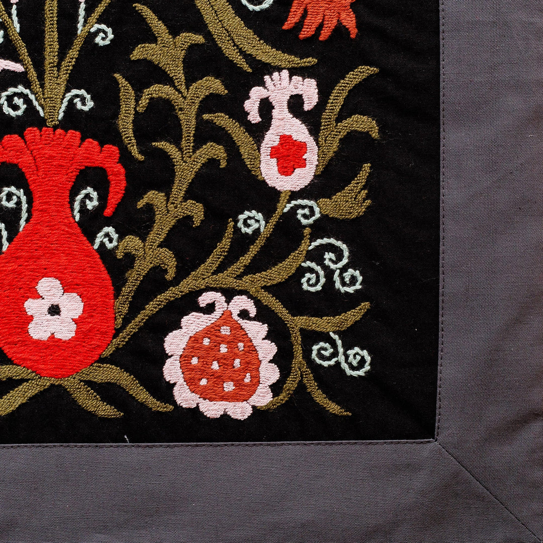 Embroidered Floral Cotton Wall Hanging in Black and Green - Suzani Night
