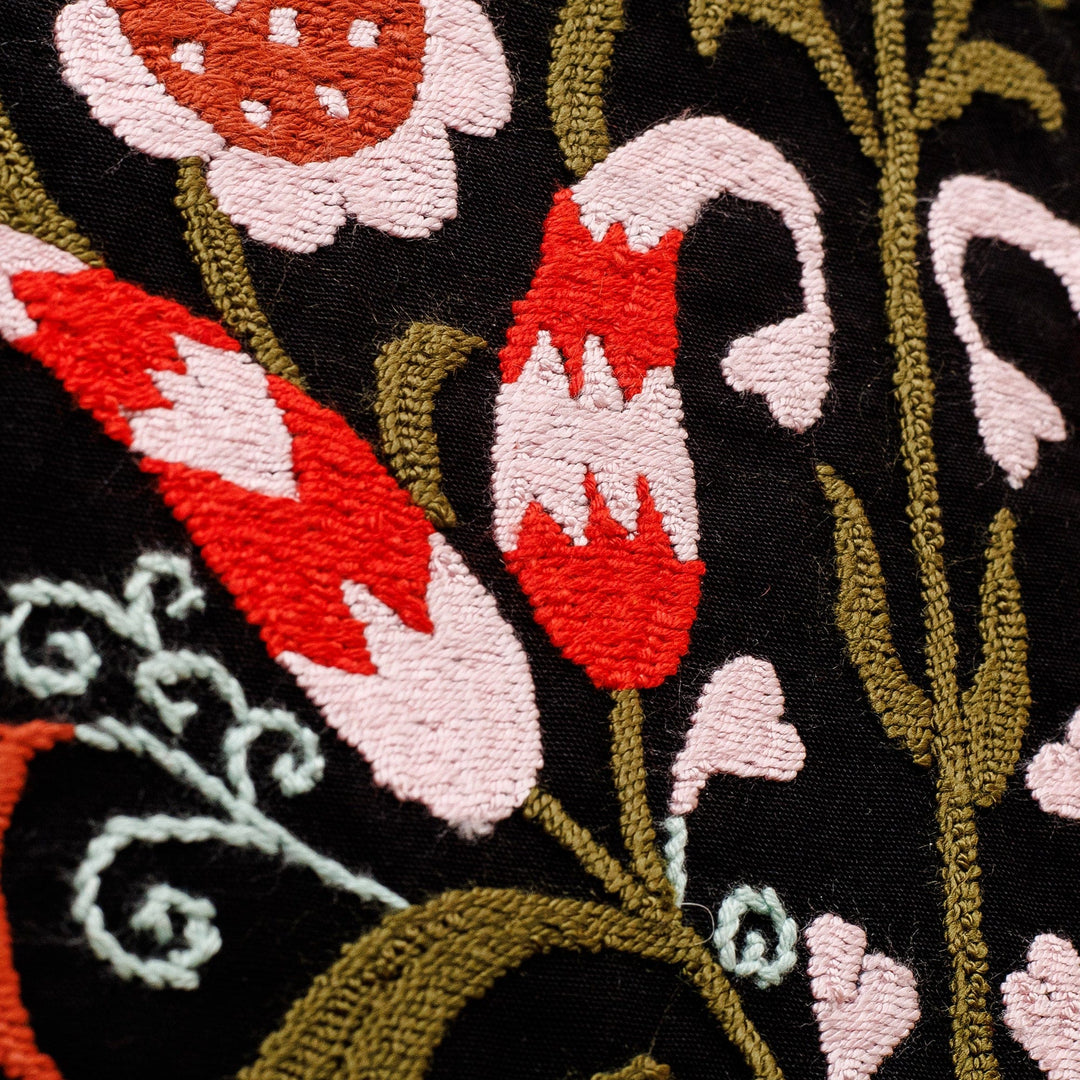 Embroidered Floral Cotton Wall Hanging in Black and Green - Suzani Night