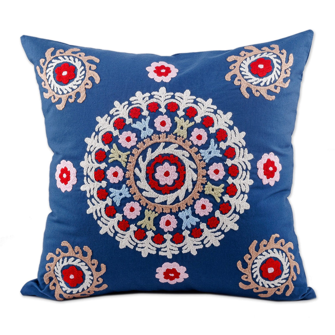 Hand-Embroidered Suzani Cotton Mandala Cushion Cover in Blue - Chic Mandala
