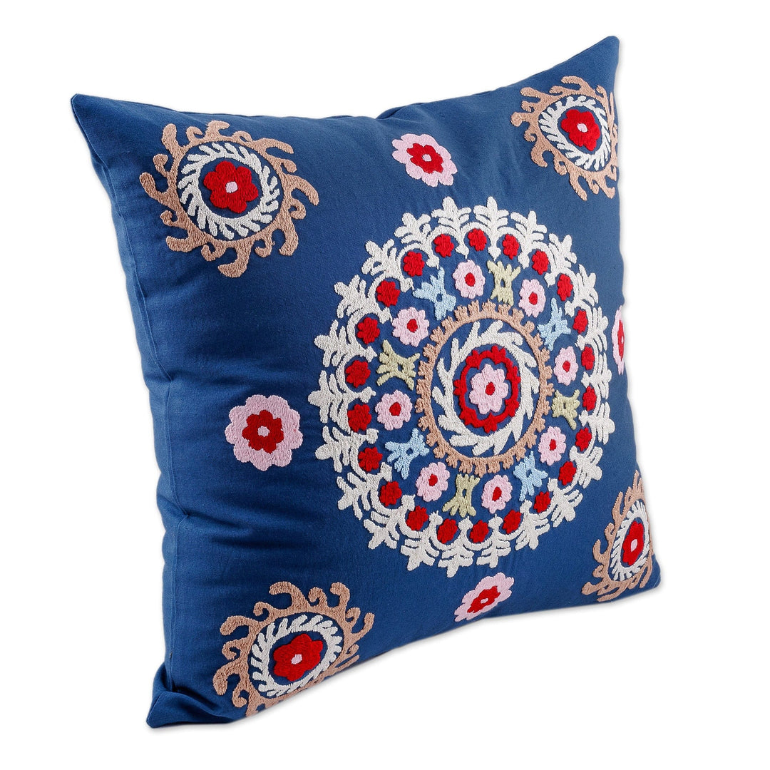 Hand-Embroidered Suzani Cotton Mandala Cushion Cover in Blue - Chic Mandala