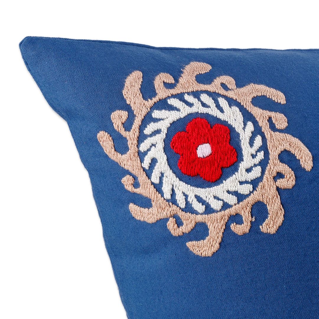 Hand-Embroidered Suzani Cotton Mandala Cushion Cover in Blue - Chic Mandala