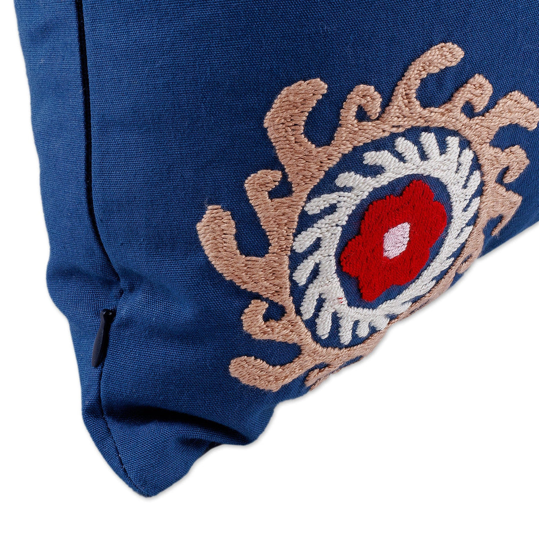 Hand-Embroidered Suzani Cotton Mandala Cushion Cover in Blue - Chic Mandala
