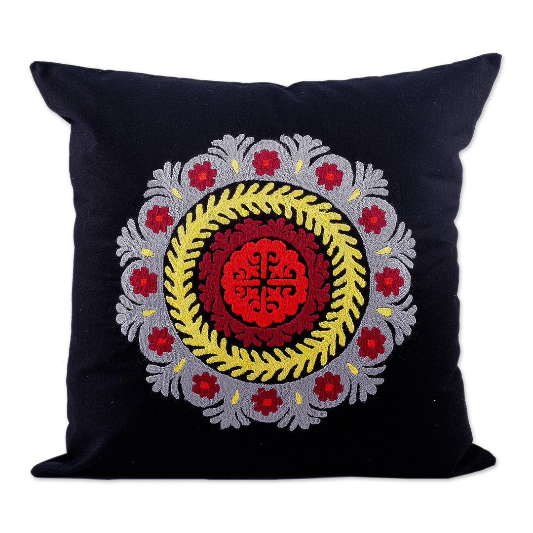Black Hand-Embroidered Suzani Cotton Mandala Cushion Cover - Mandala Glam