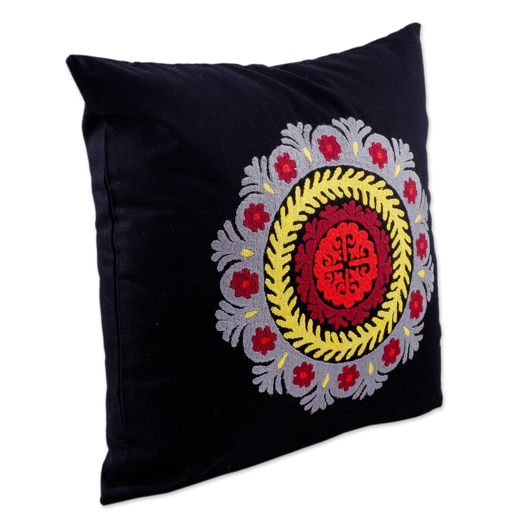 Black Hand-Embroidered Suzani Cotton Mandala Cushion Cover - Mandala Glam