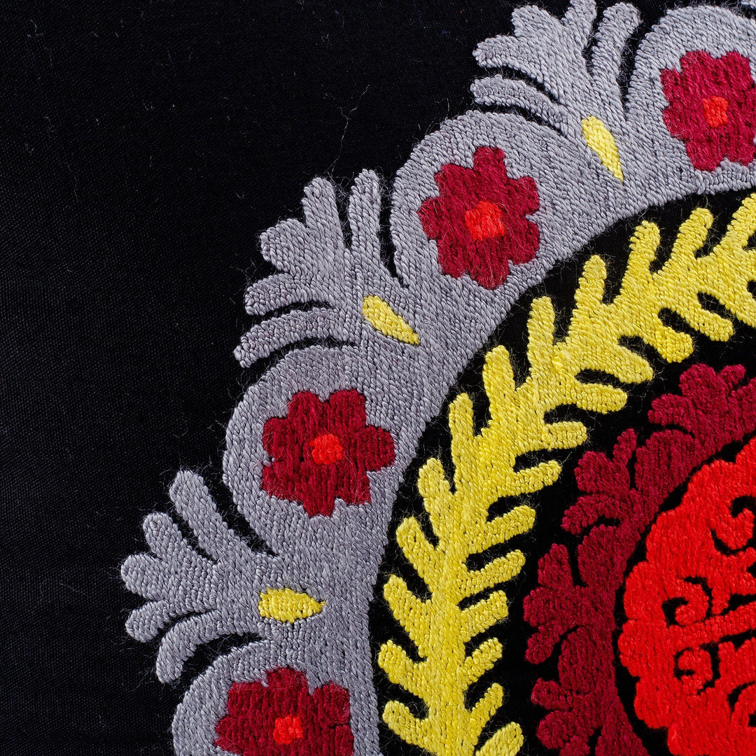 Black Hand-Embroidered Suzani Cotton Mandala Cushion Cover - Mandala Glam