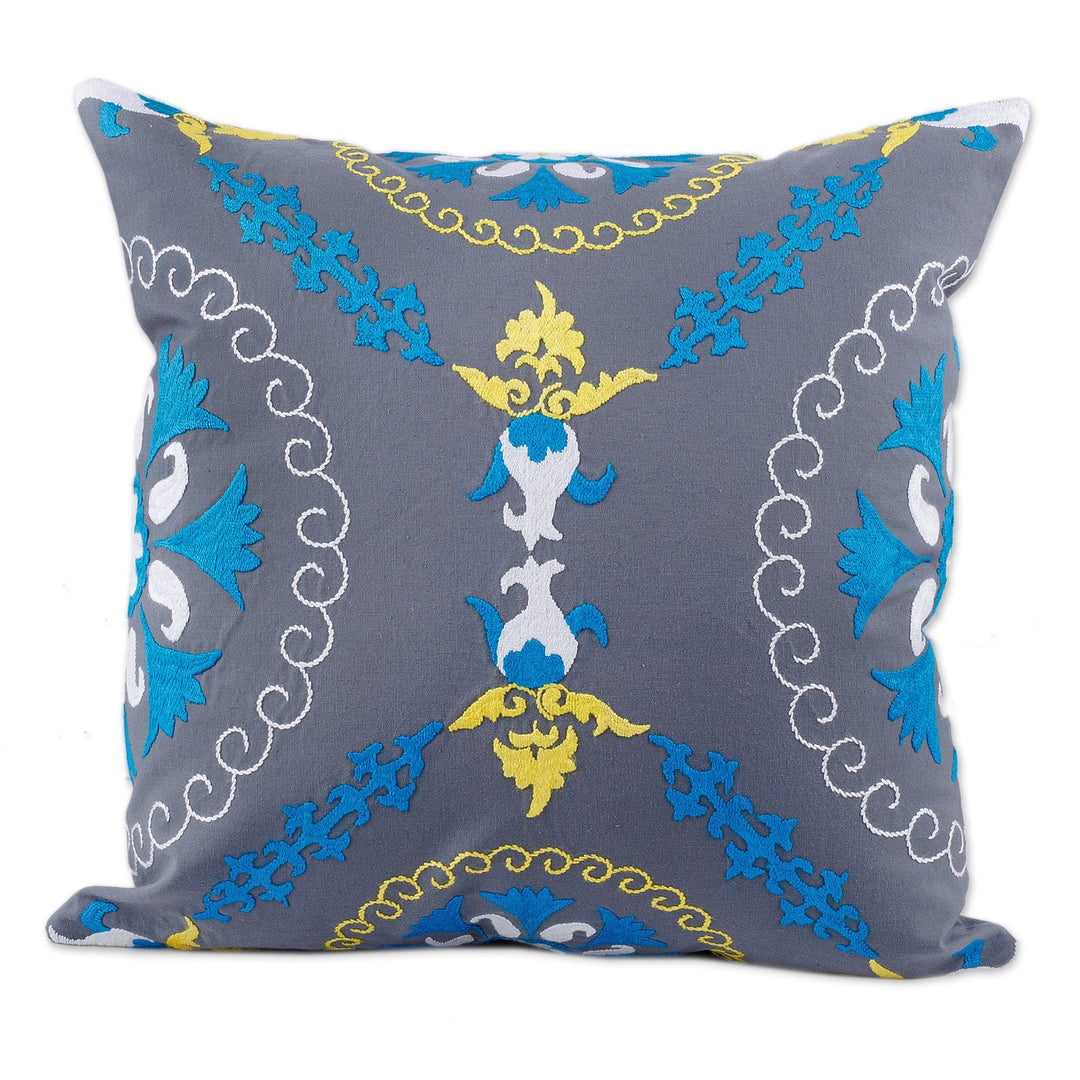 Hand-Embroidered Suzani Cotton Pomegranate Cushion Cover - Pomegranate on Grey