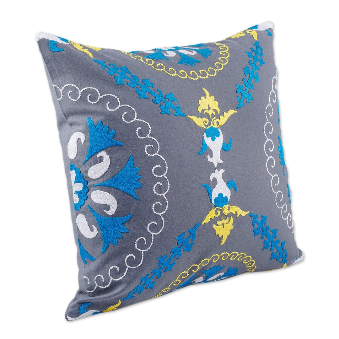 Hand-Embroidered Suzani Cotton Pomegranate Cushion Cover - Pomegranate on Grey