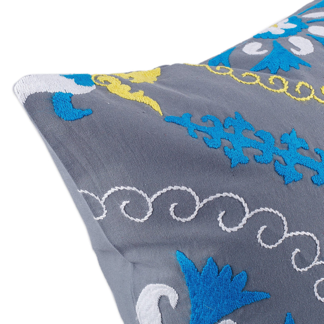 Hand-Embroidered Suzani Cotton Pomegranate Cushion Cover - Pomegranate on Grey
