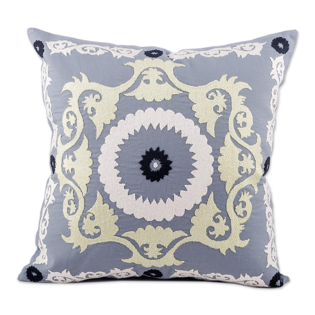 Hand-Embroidered Suzani Cotton Cushion Cover in Grey - Tajik Art