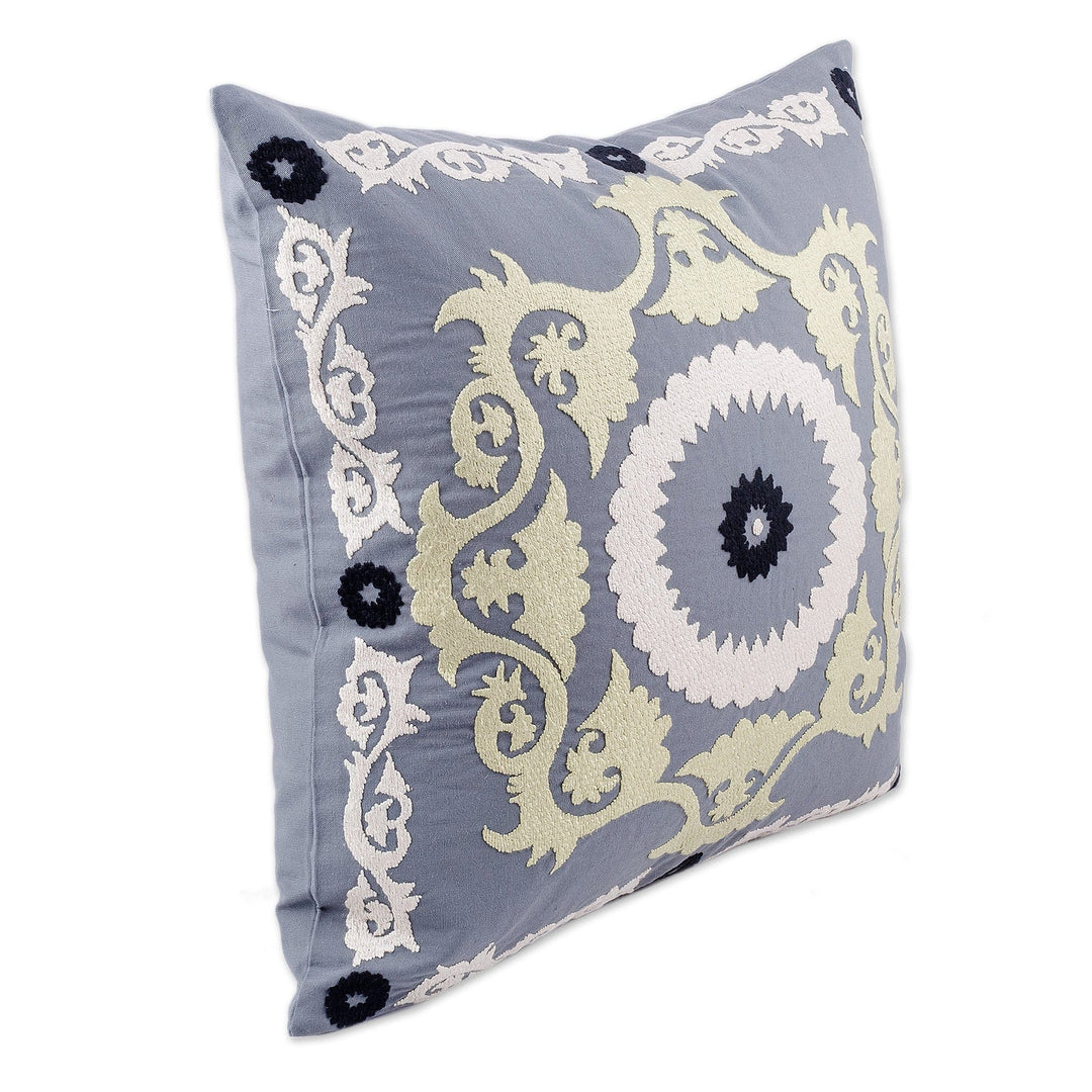 Hand-Embroidered Suzani Cotton Cushion Cover in Grey - Tajik Art