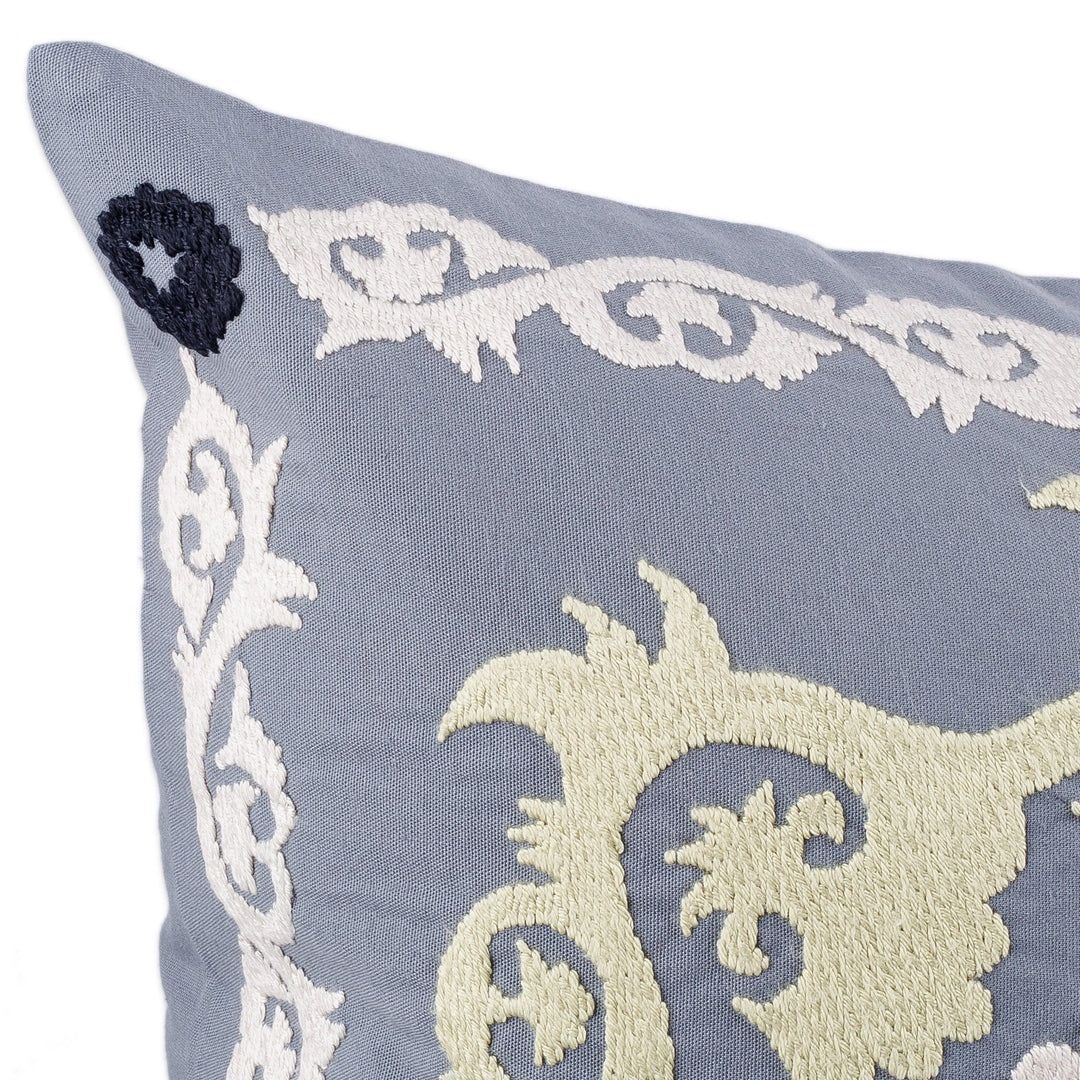 Hand-Embroidered Suzani Cotton Cushion Cover in Grey - Tajik Art