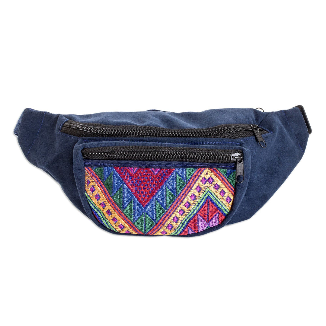 Geometric Blue Cotton Belt Bag with Adjustable Strap - Colors of Guatemala