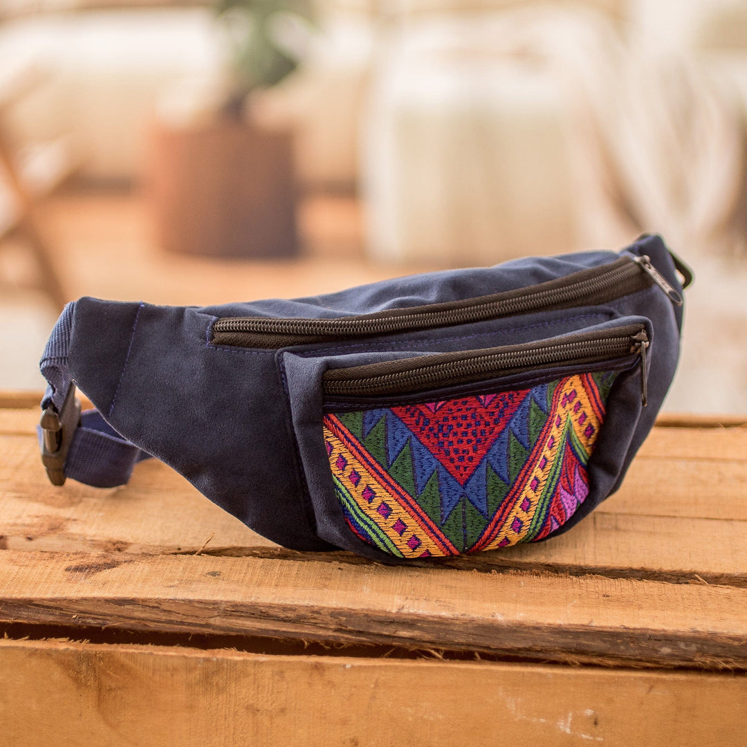 Geometric Blue Cotton Belt Bag with Adjustable Strap - Colors of Guatemala