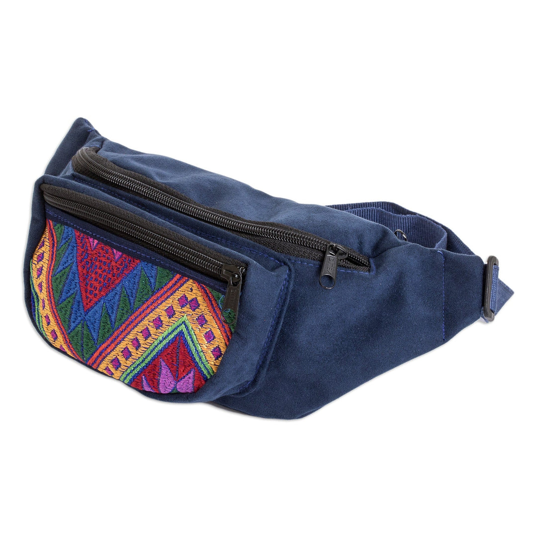 Geometric Blue Cotton Belt Bag with Adjustable Strap - Colors of Guatemala
