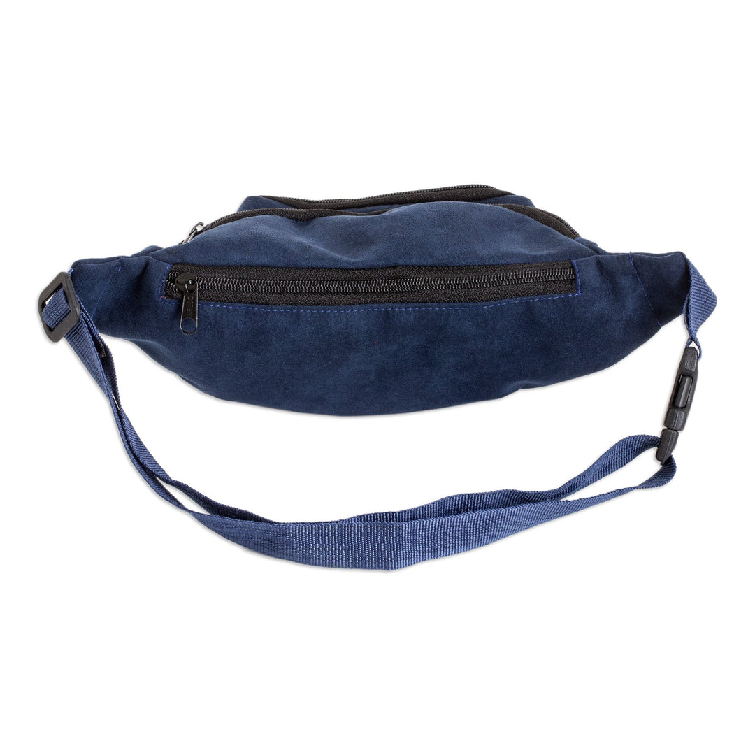 Geometric Blue Cotton Belt Bag with Adjustable Strap - Colors of Guatemala