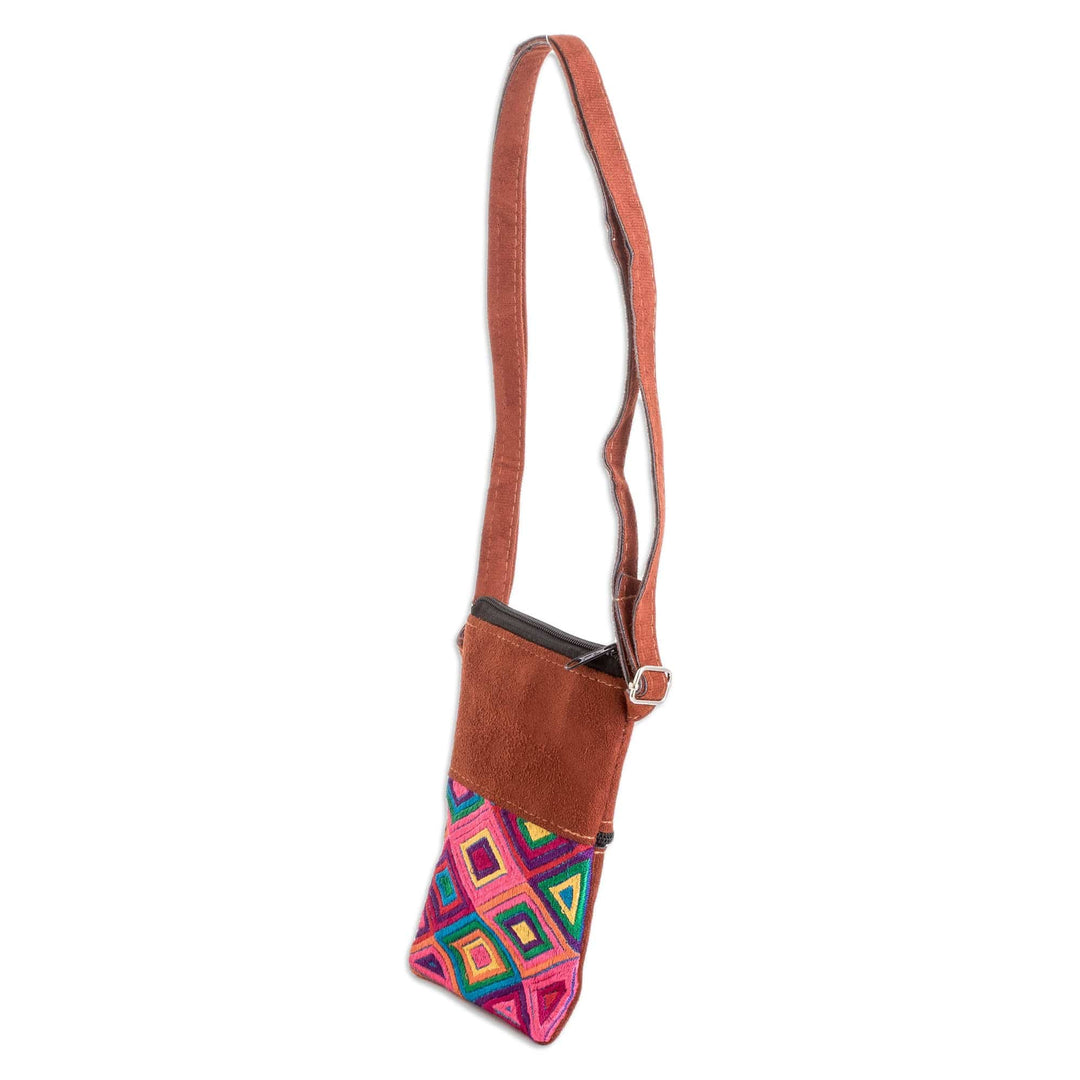 Geometric Patterned Embroidered Cotton Sling Bag in Brown - Details From my Homeland
