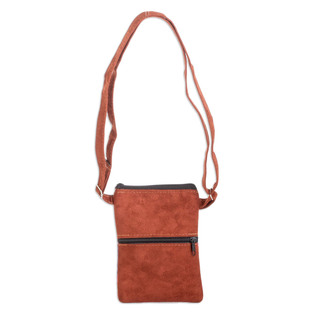 Geometric Patterned Embroidered Cotton Sling Bag in Brown - Details From my Homeland