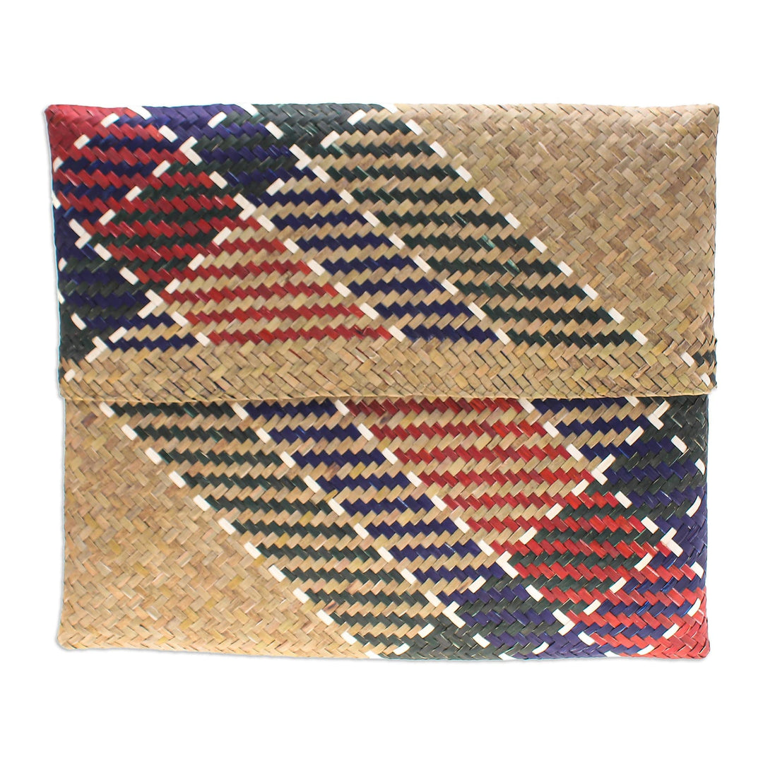 Hand-Woven Natural Fiber Clutch in Beige Blue Green & Red - Organic Splendor