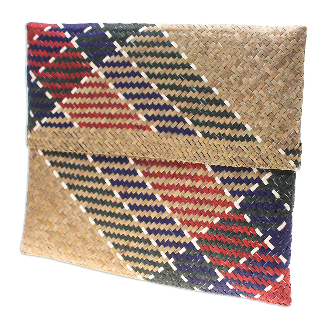 Hand-Woven Natural Fiber Clutch in Beige Blue Green & Red - Organic Splendor