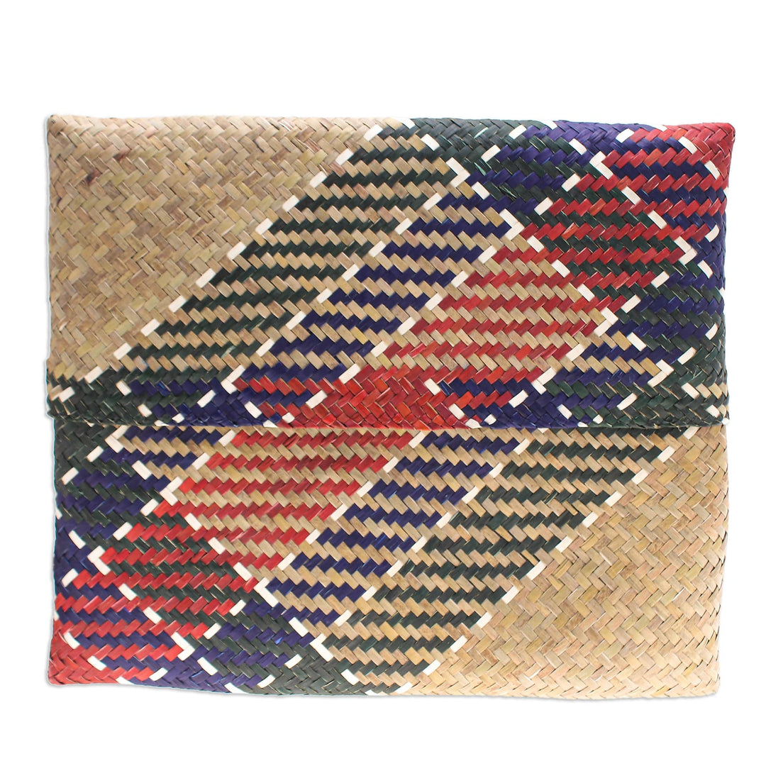 Hand-Woven Natural Fiber Clutch in Beige Blue Green & Red - Organic Splendor