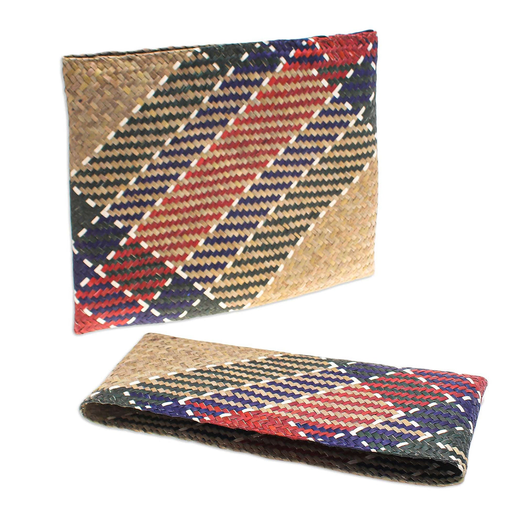 Hand-Woven Natural Fiber Clutch in Beige Blue Green & Red - Organic Splendor