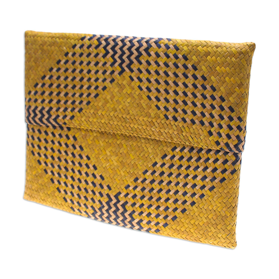 Hand-Woven Natural Fiber Clutch in Yellow Blue and Beige - Organic Radiance