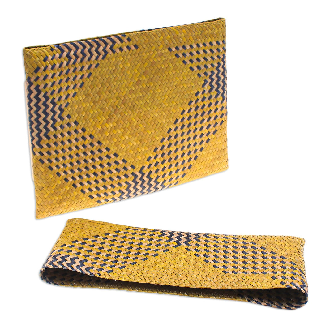 Hand-Woven Natural Fiber Clutch in Yellow Blue and Beige - Organic Radiance