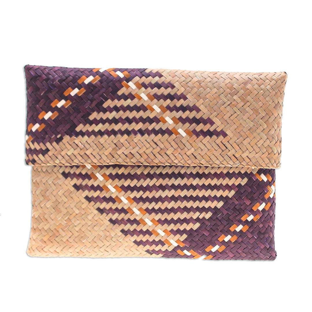 Hand-Woven Natural Fiber Clutch in Beige Purple and Brown - Organic Elegance