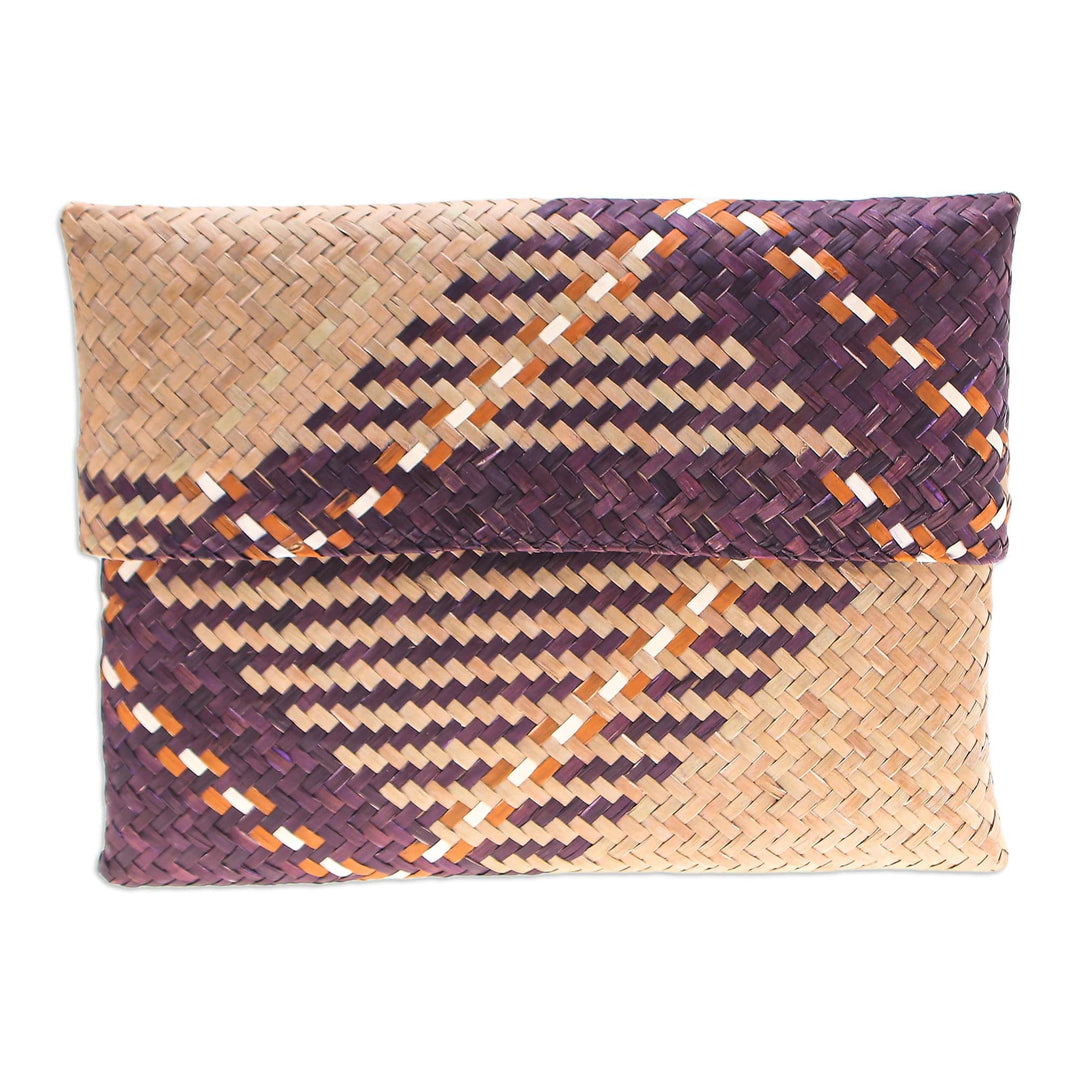 Hand-Woven Natural Fiber Clutch in Beige Purple and Brown - Organic Elegance