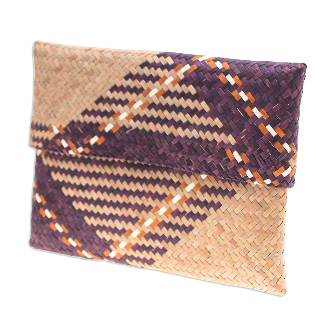 Hand-Woven Natural Fiber Clutch in Beige Purple and Brown - Organic Elegance