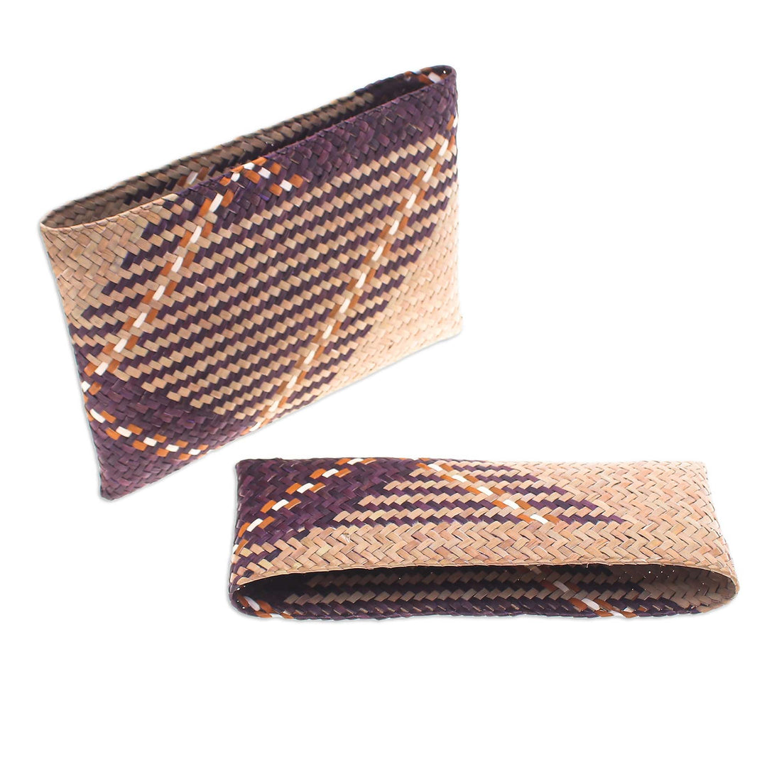 Hand-Woven Natural Fiber Clutch in Beige Purple and Brown - Organic Elegance