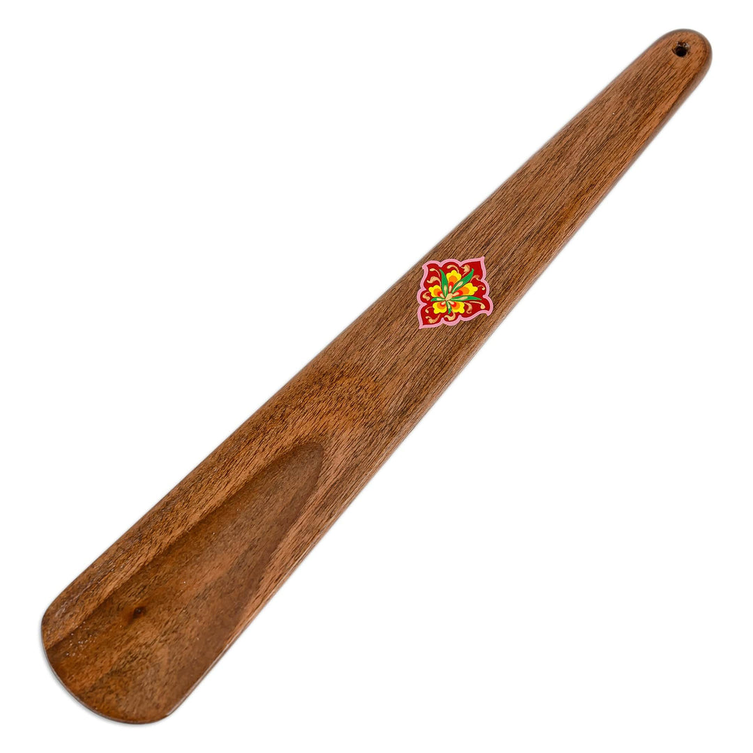Hand-Carved Walnut Wood Shoehorn with Red Floral Detail - Galant Pace