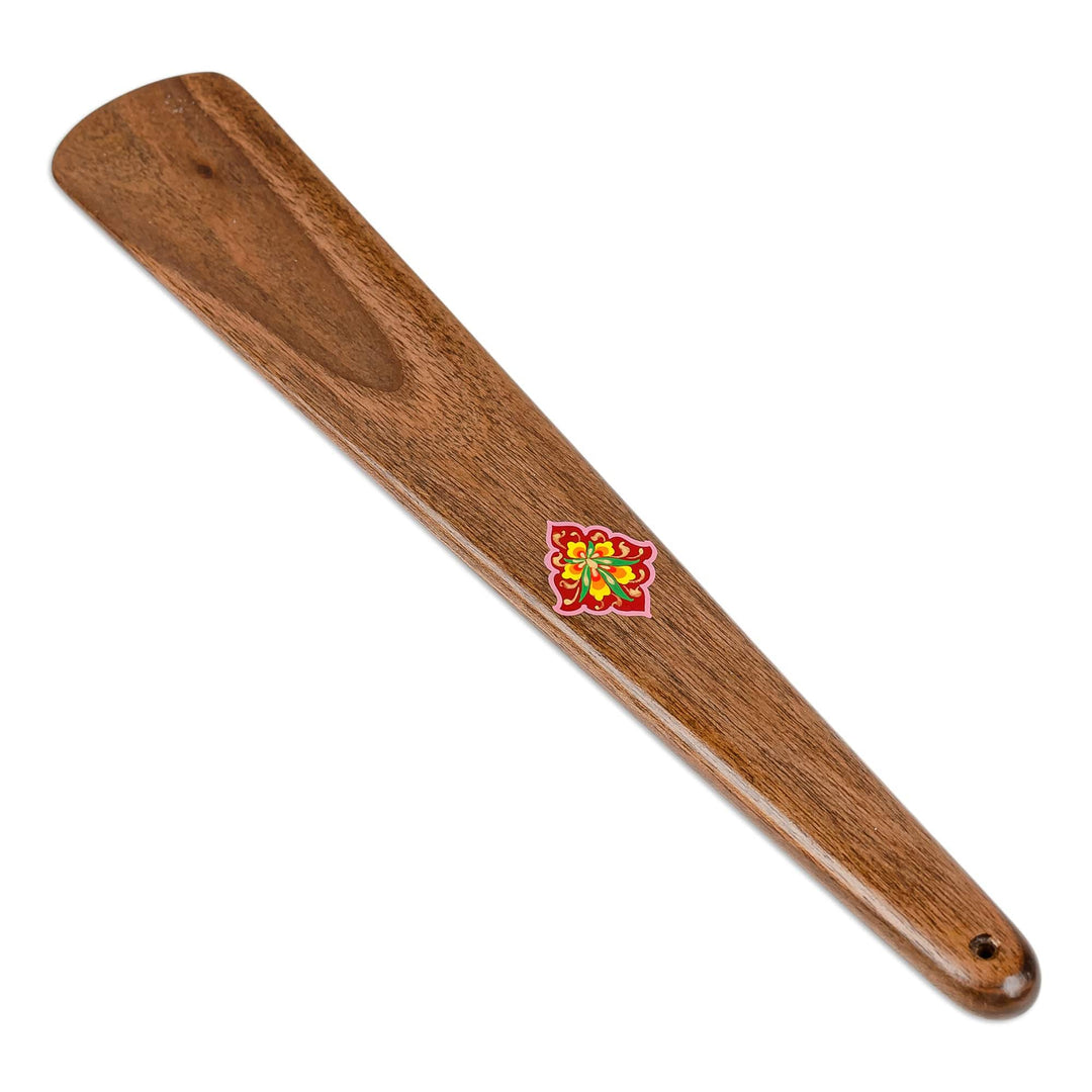 Hand-Carved Walnut Wood Shoehorn with Red Floral Detail - Galant Pace