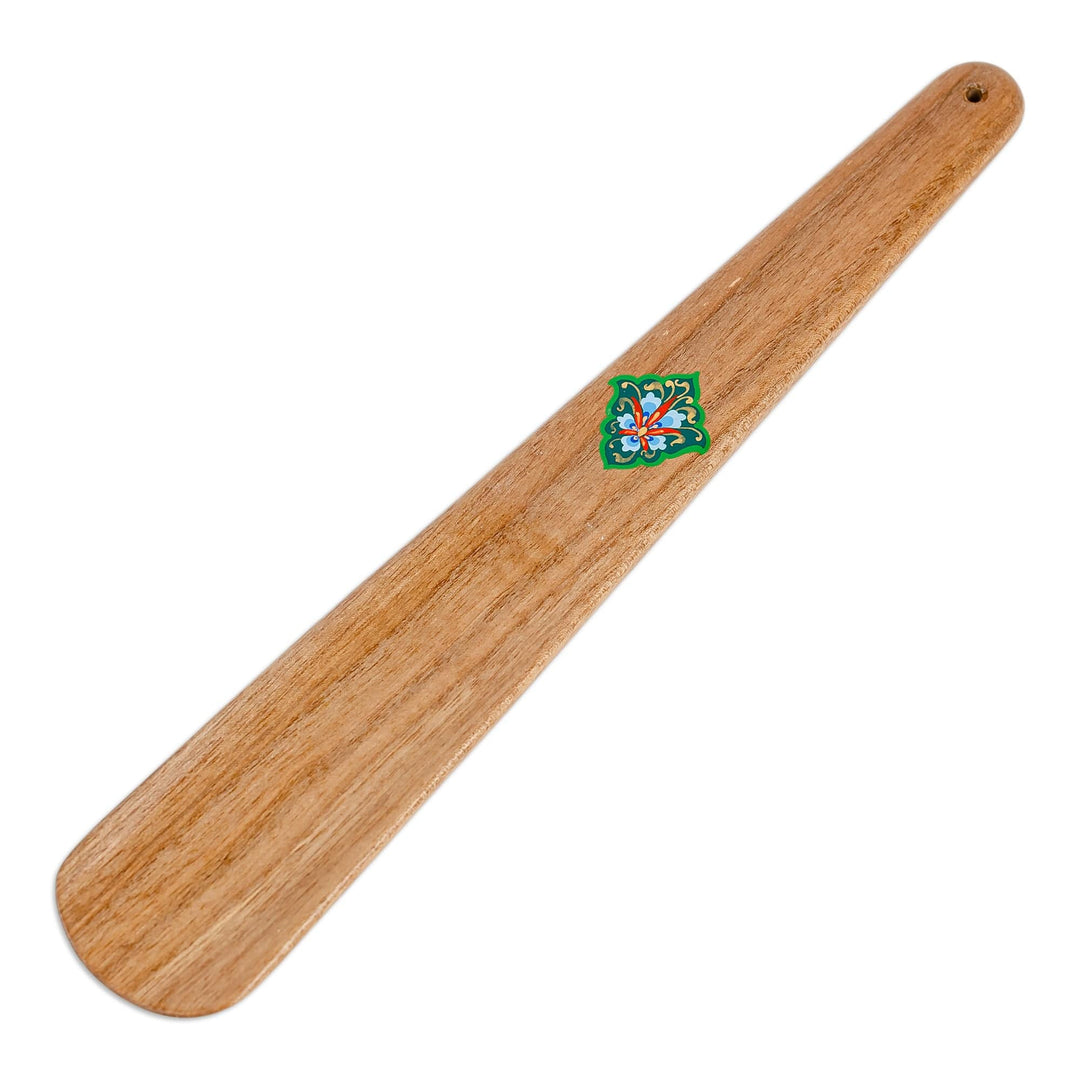 Hand-Carved Walnut Wood Shoehorn with Green Floral Detail - Magnificent Pace