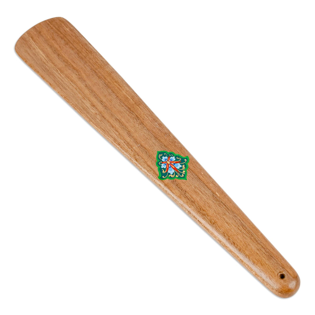Hand-Carved Walnut Wood Shoehorn with Green Floral Detail - Magnificent Pace